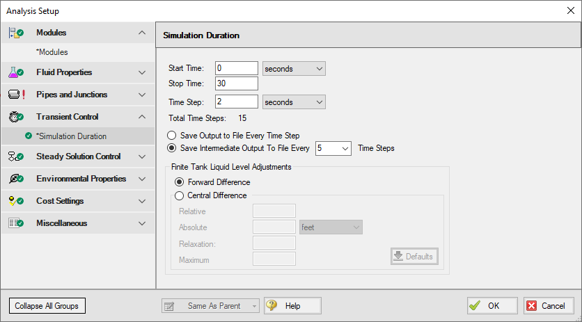 Fully defined Simulation Duration panel in Analysis Setup.